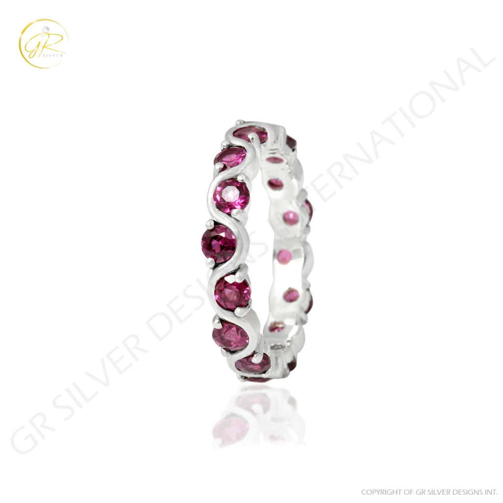 Natural Rhodolite Gemstone sterling silver Band Ring