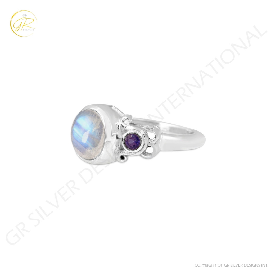 Natural Rainbow Moonstone Sterling Silver Ring