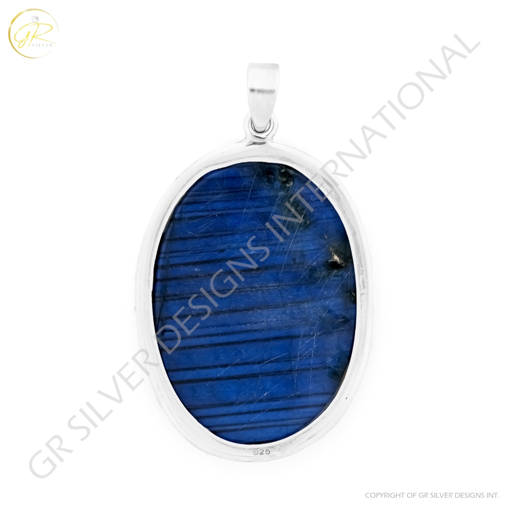 Natural Labradorite Oval Shaped Sterling Silver Pendant Jewelry