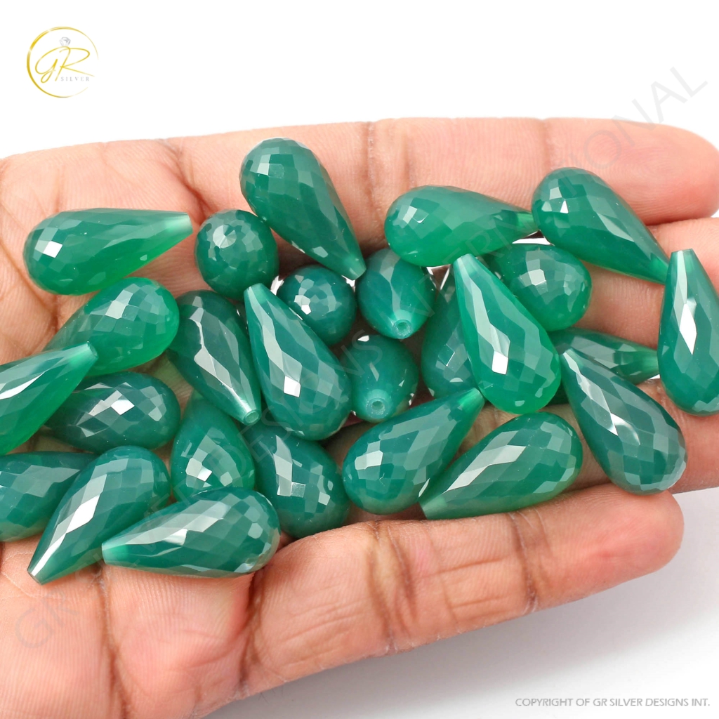 Natural Green Onyx Faceted Teardrop Shape Briolette Cut Loose Gemstone