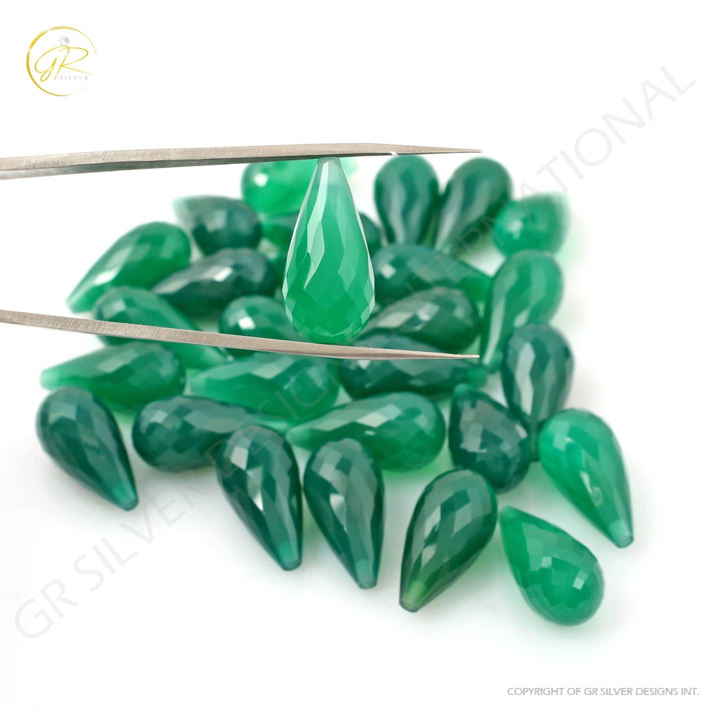 Natural Green Onyx Faceted Teardrop Shape Briolette Cut Loose Gemstone