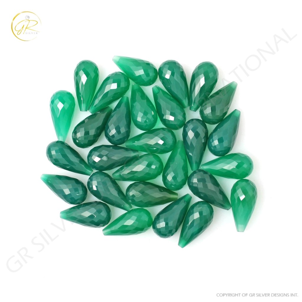 Natural Green Onyx Faceted Teardrop Shape Briolette Cut Loose Gemstone