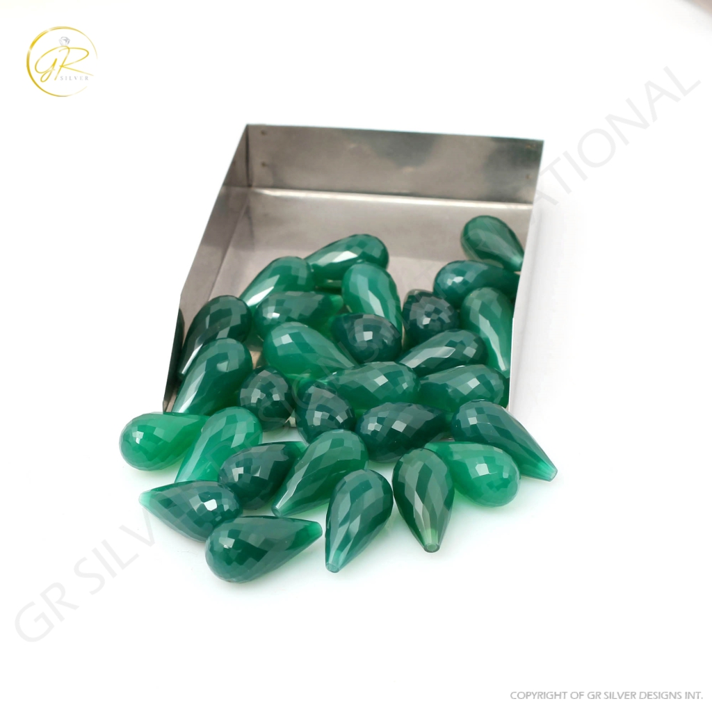 Natural Green Onyx Faceted Teardrop Shape Briolette Cut Loose Gemstone