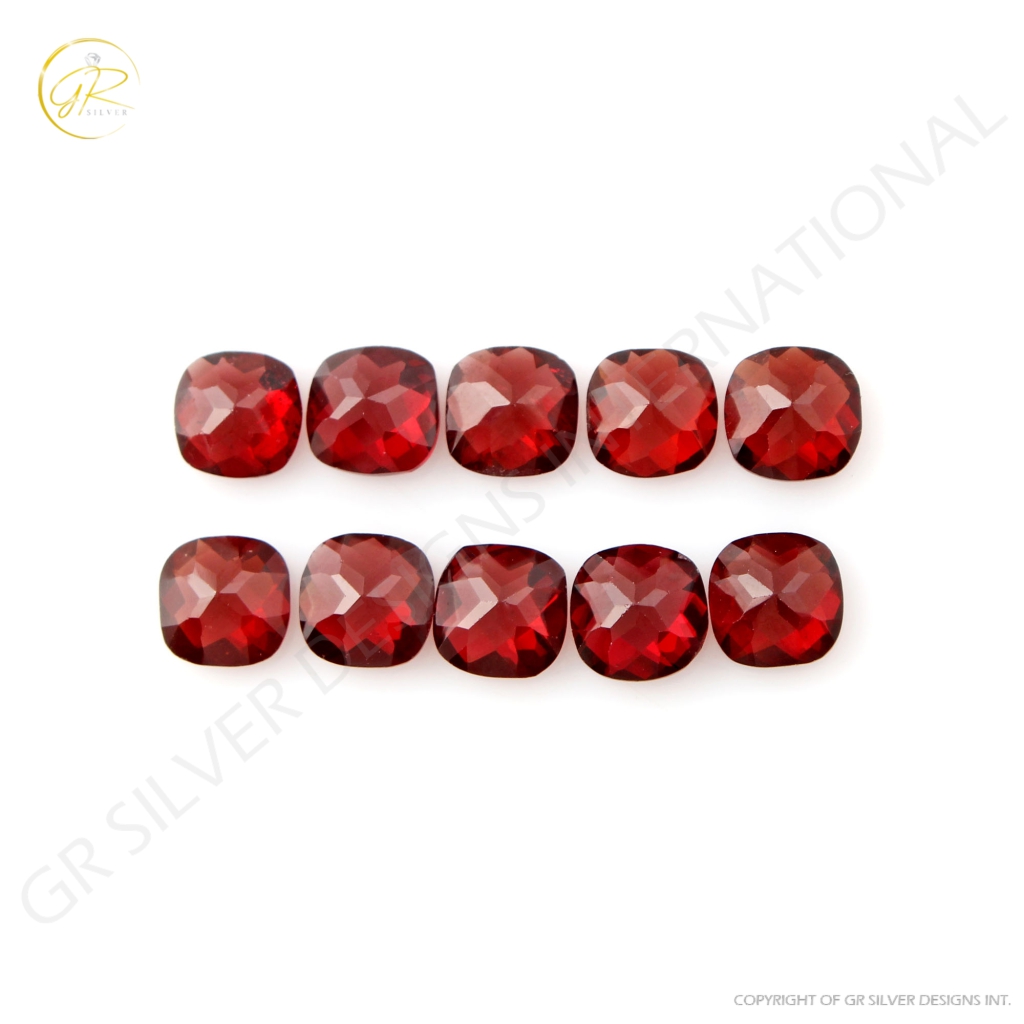 Cushion Shape Garnet Gemstone, 7mm Checker Cut 10Pcs Garnet Gemstones