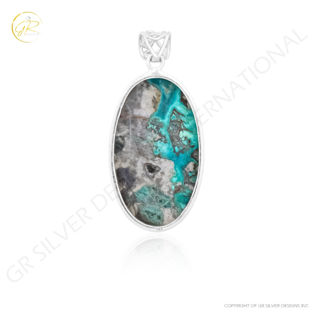 Natural Chrysocolla Crystal Oval Gemstone Sterling Silver Pendant