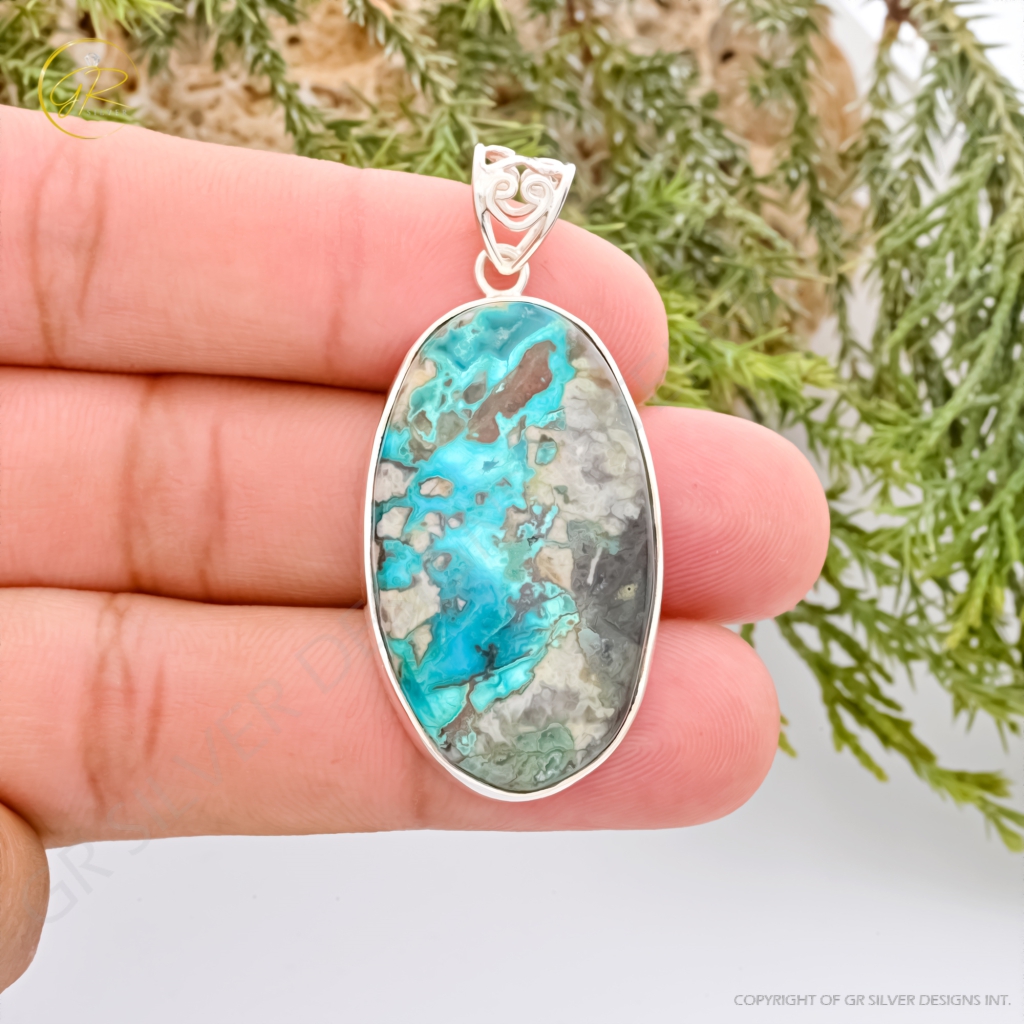 Natural Chrysocolla Crystal Oval Gemstone Sterling Silver Pendant