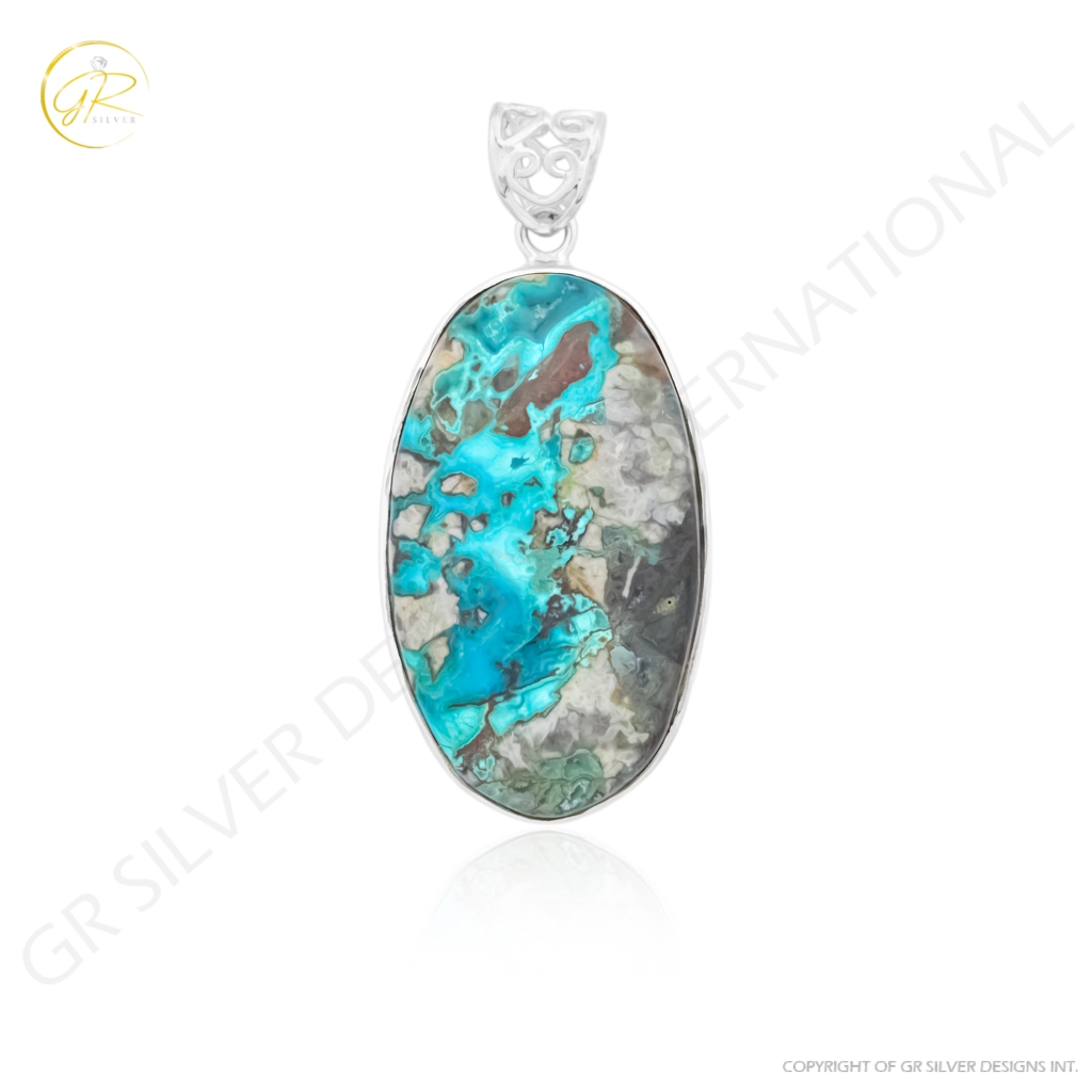 Natural Chrysocolla Crystal Oval Gemstone Sterling Silver Pendant