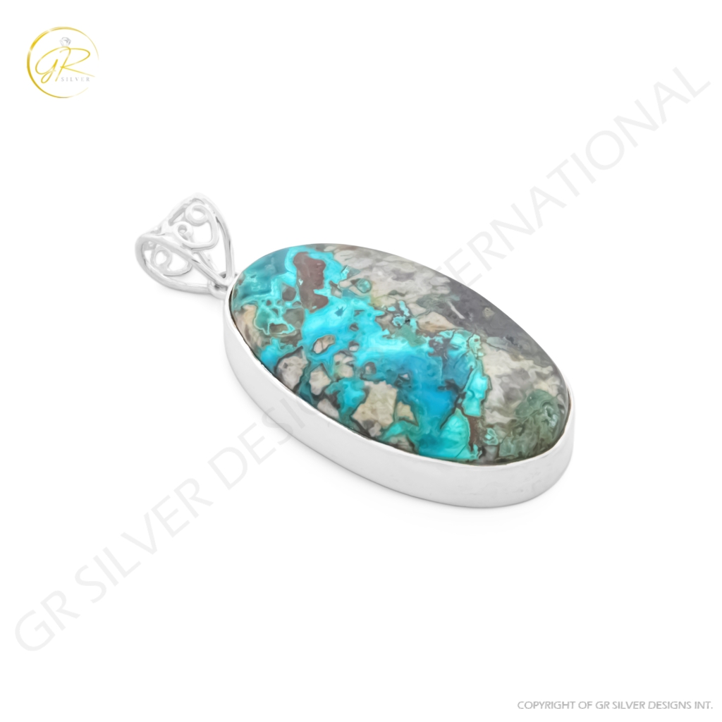 Natural Chrysocolla Crystal Oval Gemstone Sterling Silver Pendant