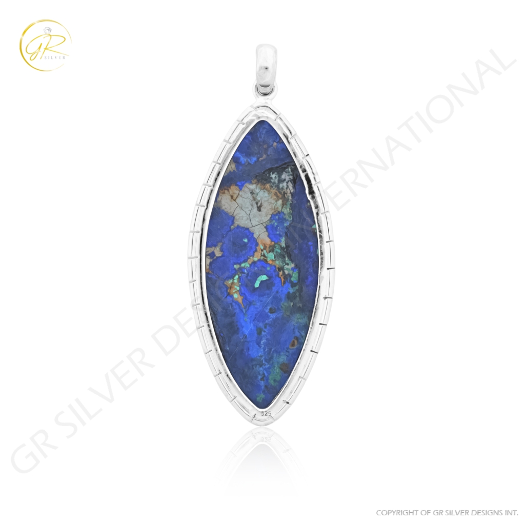 Natural Azurite Malachite Marquise Gemstone Sterling Silver Pendant