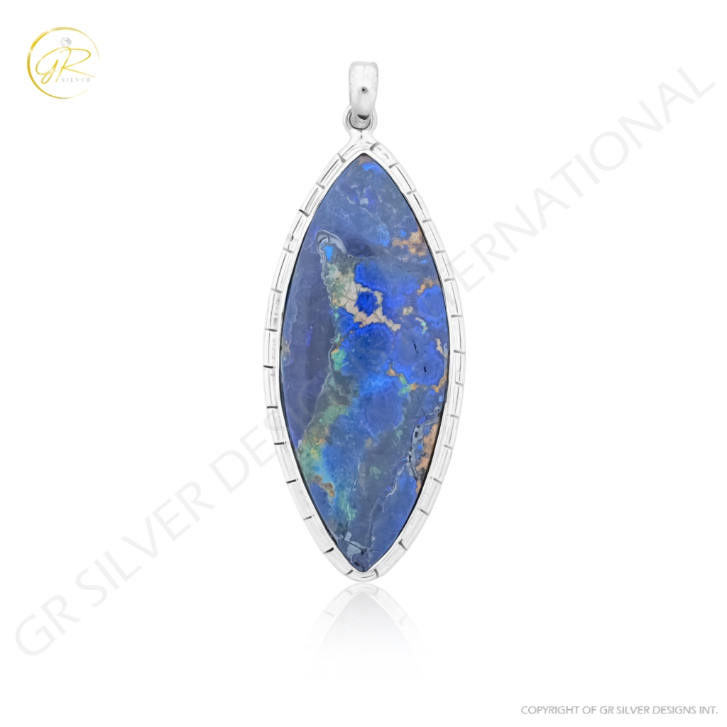 Natural Azurite Malachite Marquise Gemstone Sterling Silver Pendant