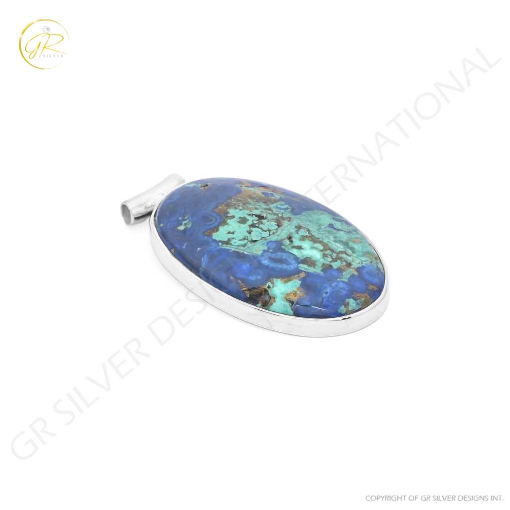 Natural Azurite Malachite Oval Gemstone Sterling Silver Pendant