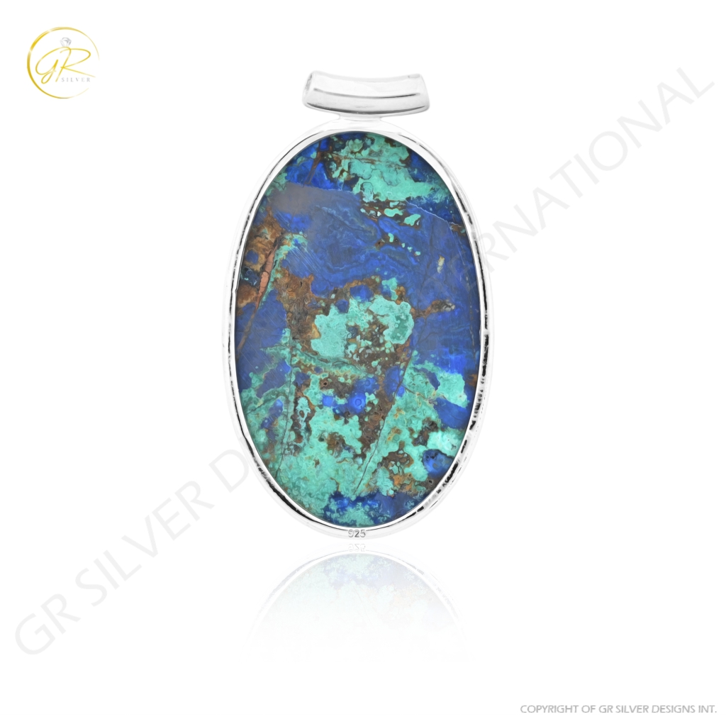 Natural Azurite Malachite Oval Gemstone Sterling Silver Pendant