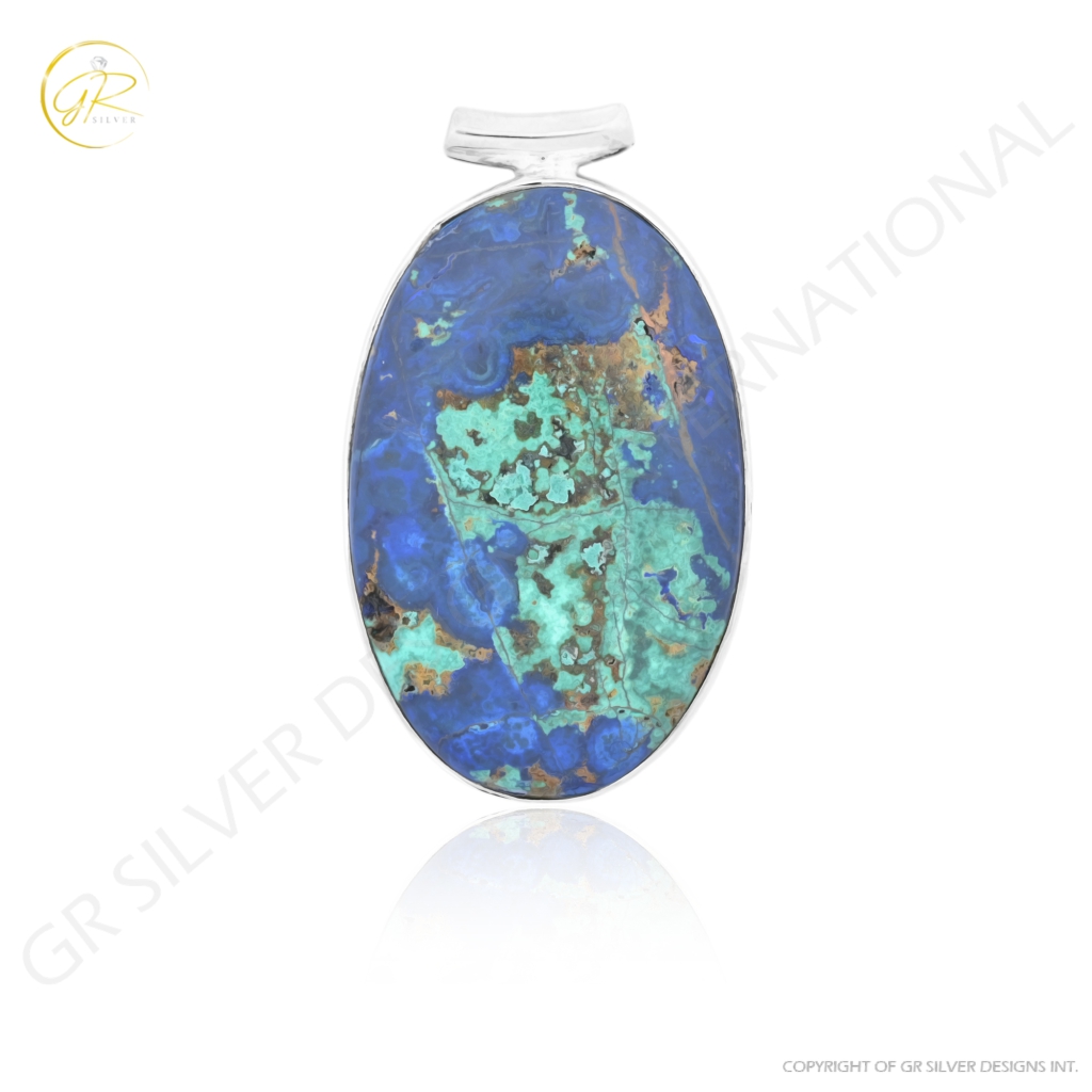 Natural Azurite Malachite Oval Gemstone Sterling Silver Pendant