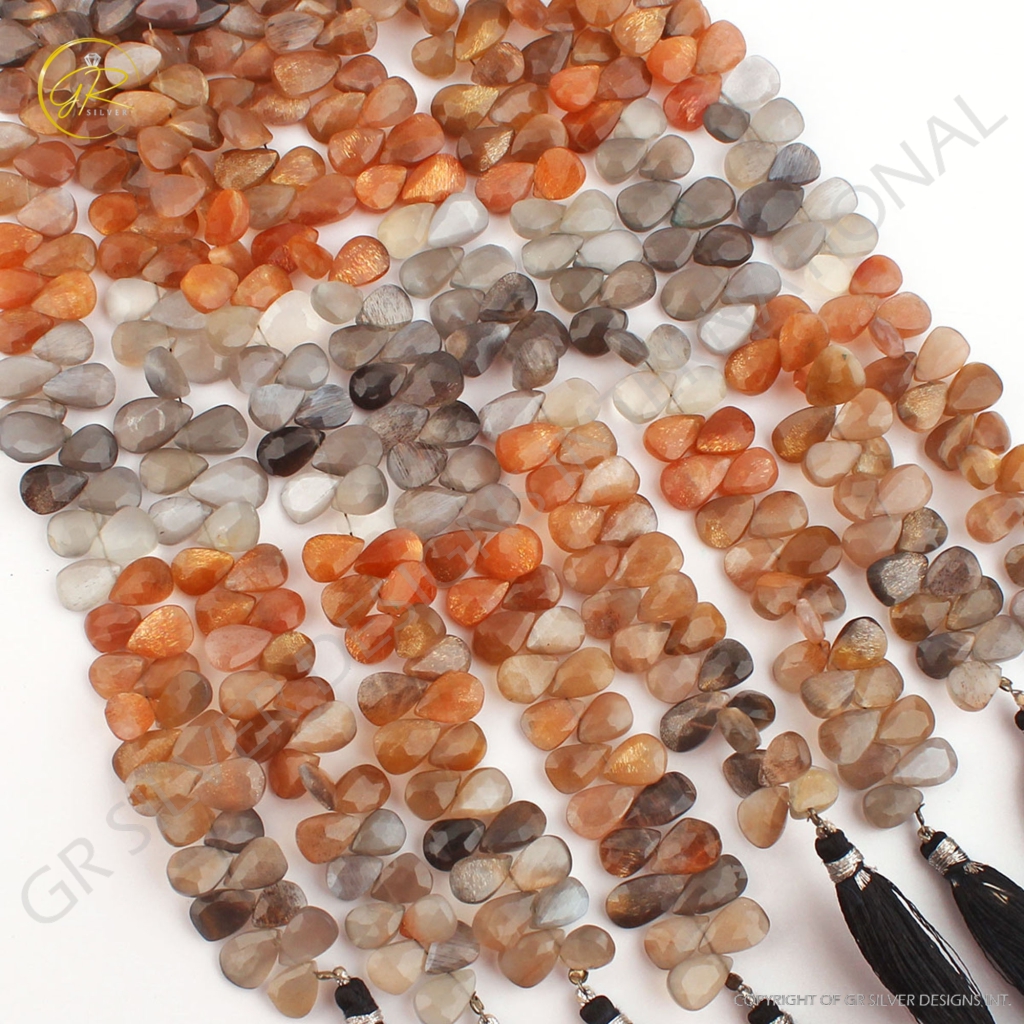 Natural Multi Moonstone Pear Faceted Gemstone Beads For Jewelry