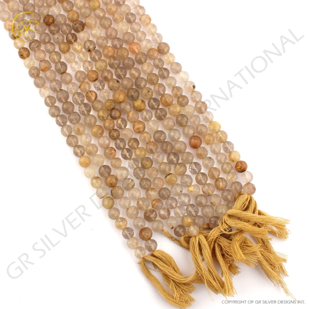 Faceted Golden Rutile Balls Shape Strands For Jewelry Making