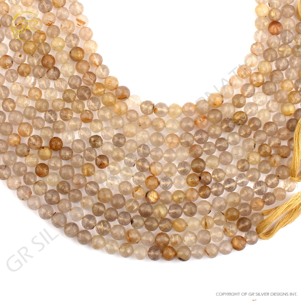 Faceted Golden Rutile Balls Shape Strands For Jewelry Making