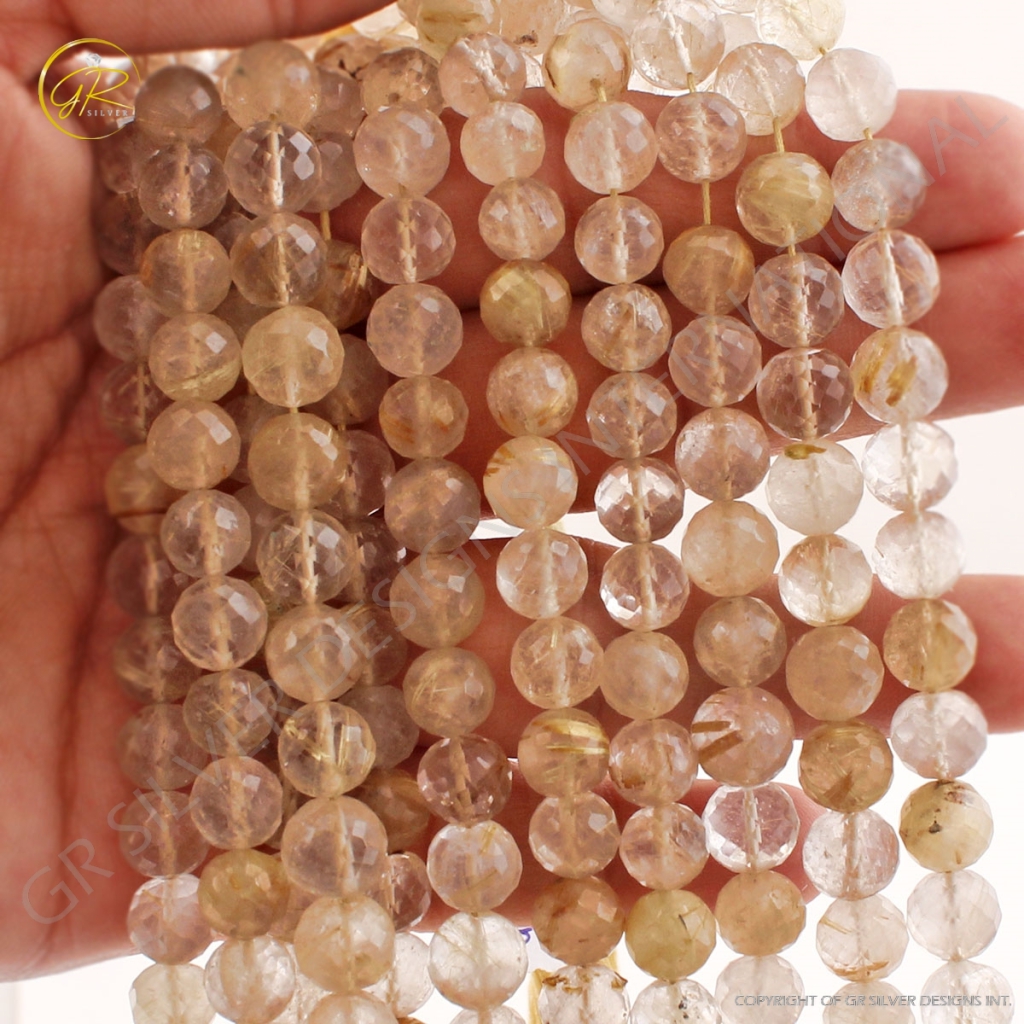 Faceted Golden Rutile Balls Shape Strands For Jewelry Making