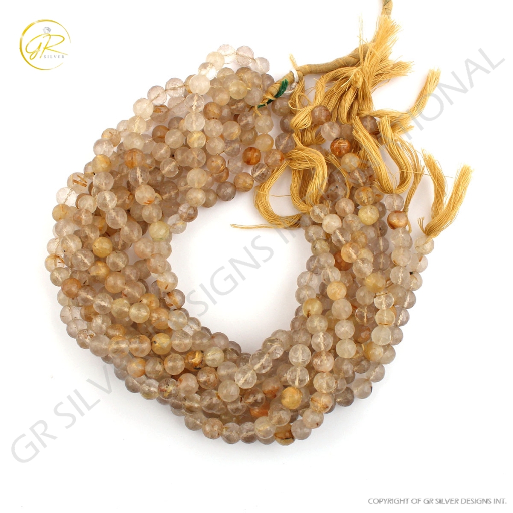 Faceted Golden Rutile Balls Shape Strands For Jewelry Making