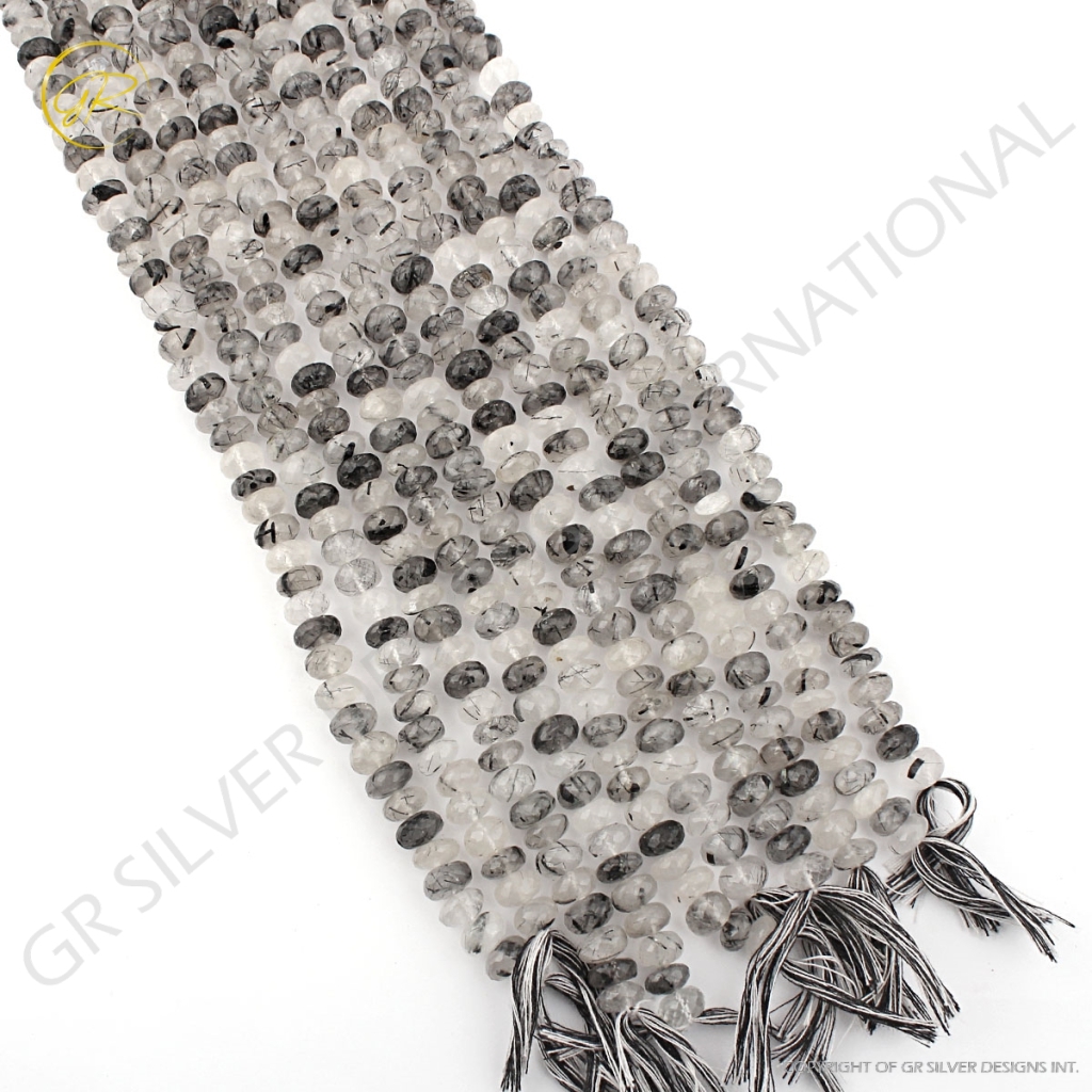 Natural Black Rutile 7-10mm Round Faceted Strands Beads