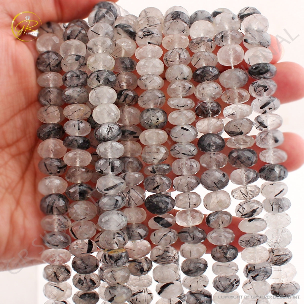 Natural Black Rutile 7-10mm Round Faceted Strands Beads