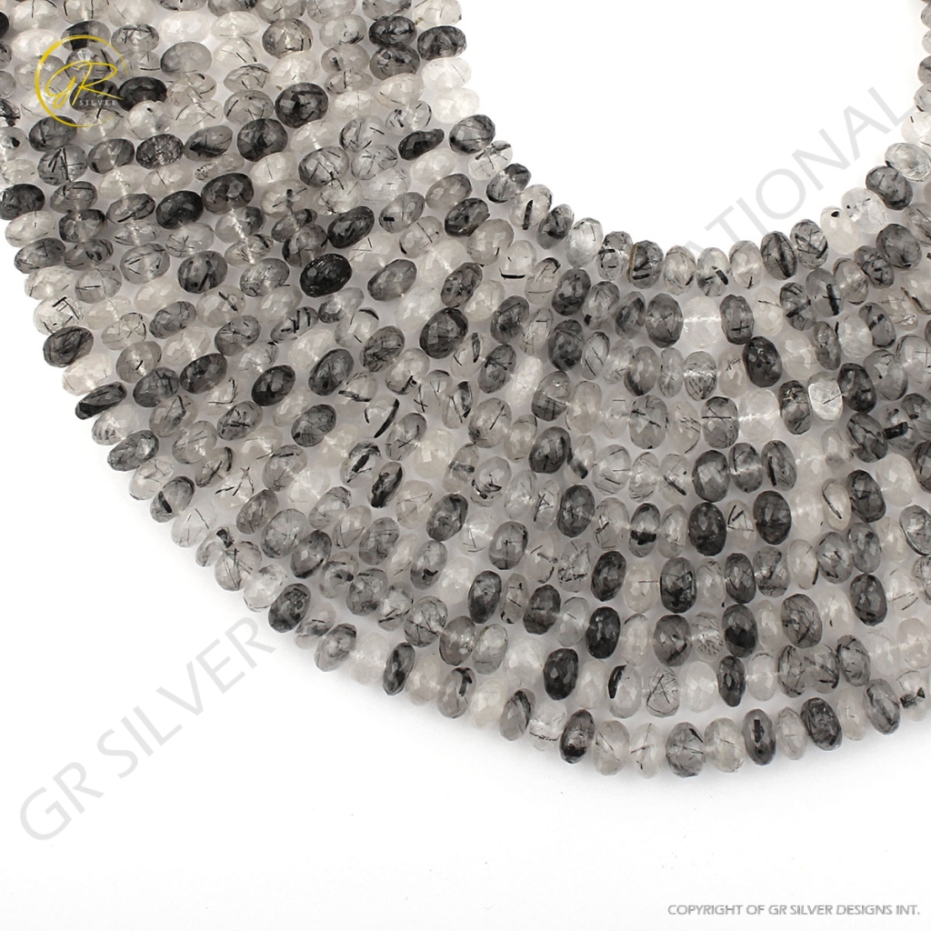 Natural Black Rutile 7-10mm Round Faceted Strands Beads