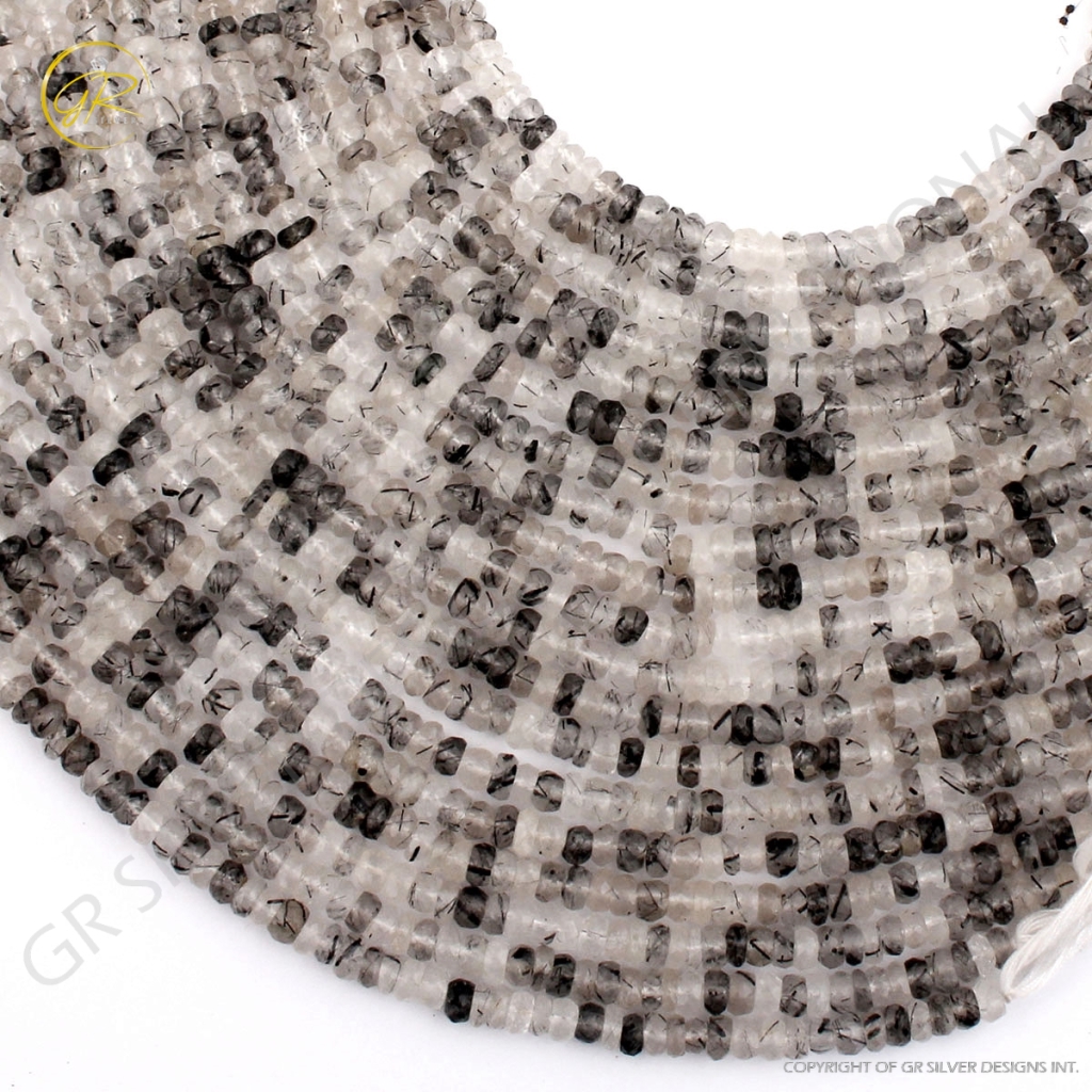 Wholesale Black Rutile Quartz Round Faceted Gemstone Beads 13"