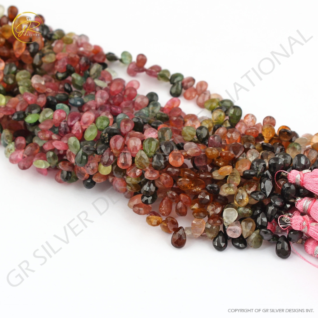 Natural Multi Tourmaline Pear Faceted Beads 8inch Strands