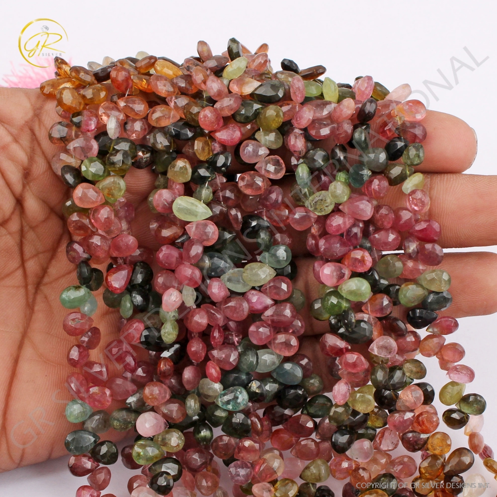 Natural Multi Tourmaline Pear Faceted Beads 8inch Strands