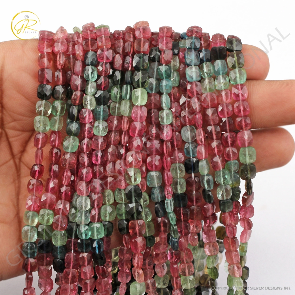 High Quality Multi Tourmaline 5mm Cushion Gemstone Handmade Beads