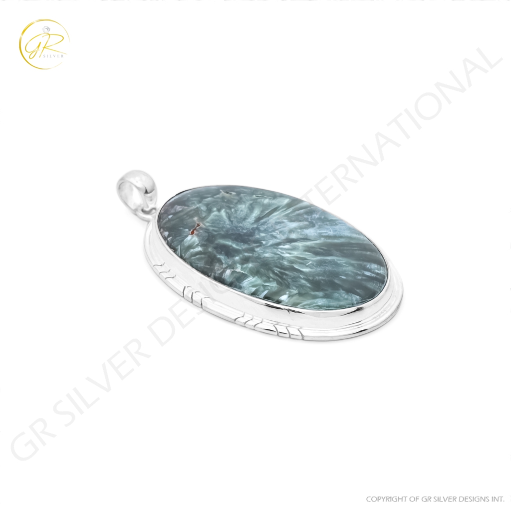 Green Seraphinite Oval Cabochon Sterling Silver Women Pendant