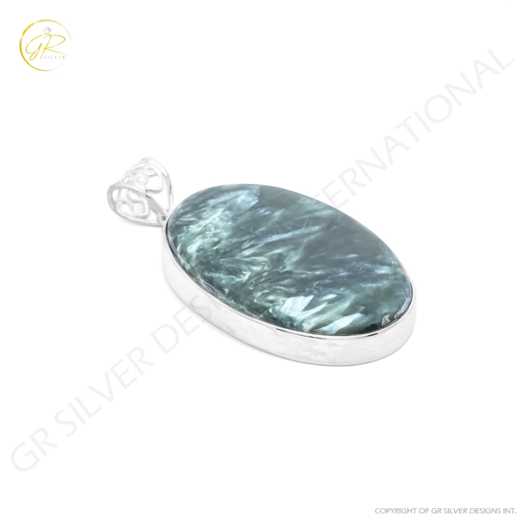 Green Seraphinite Oval Cabochon Sterling Silver Women Pendant