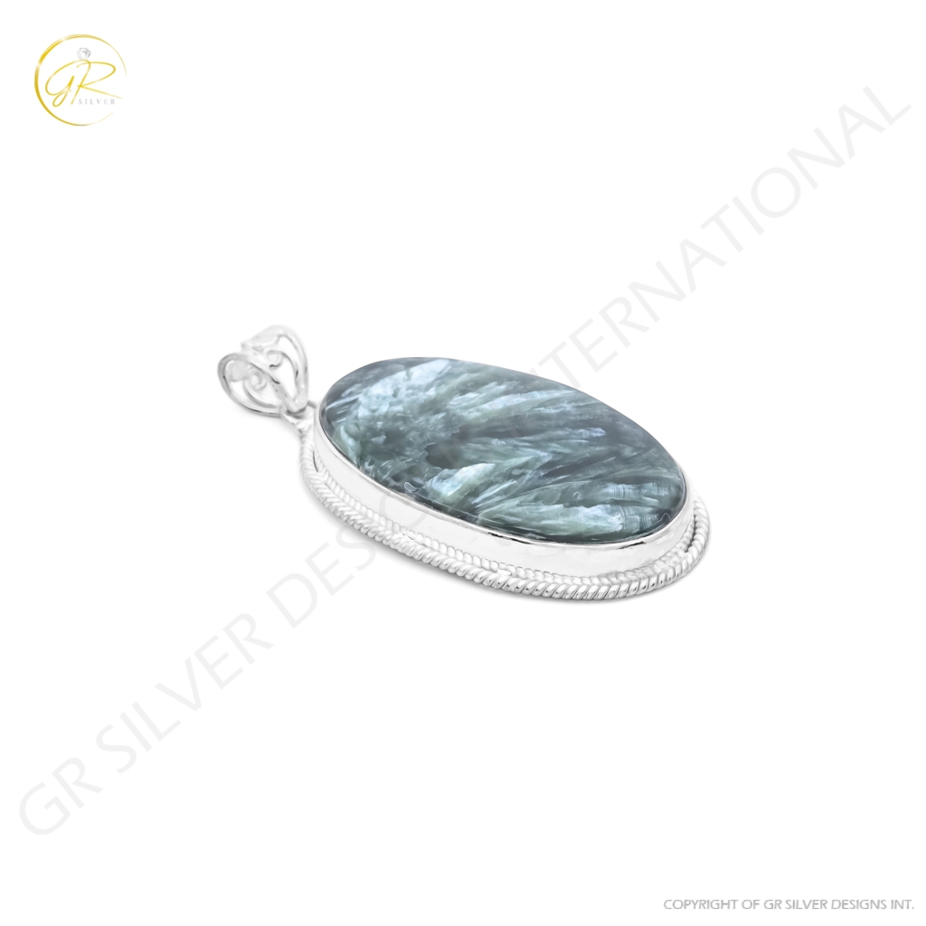 Natural Green Seraphinite Cabochon Sterling Silver Women Pendant