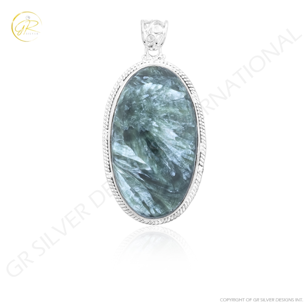 Natural Green Seraphinite Cabochon Sterling Silver Women Pendant