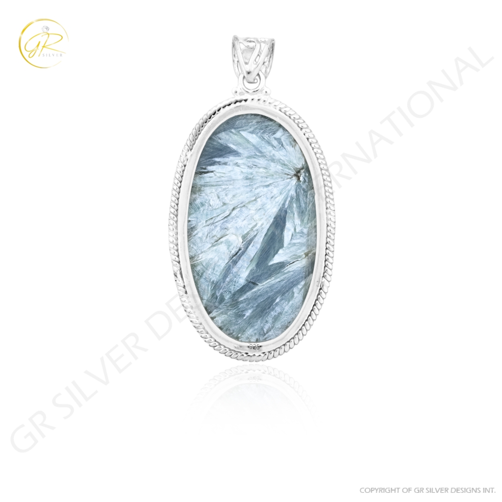 Natural Green Seraphinite Cabochon Sterling Silver Women Pendant