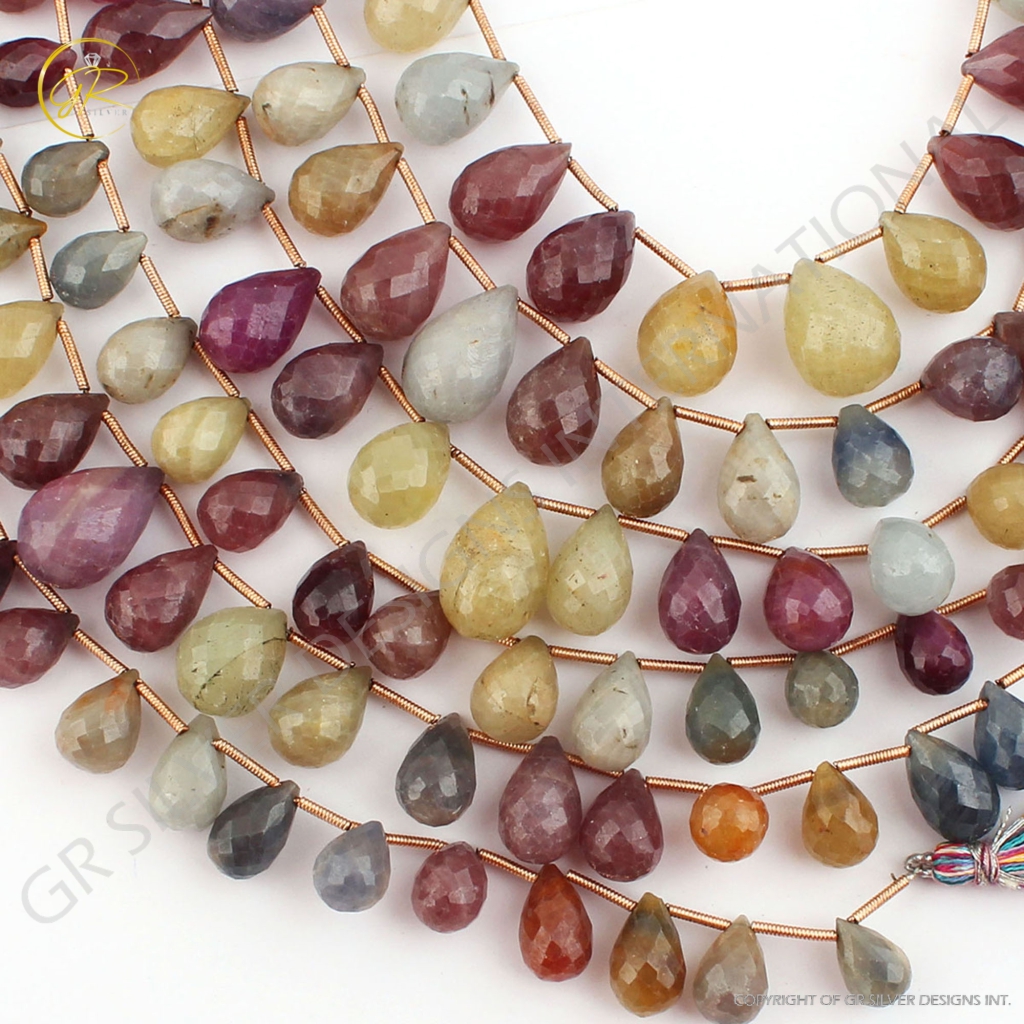 Multi Sapphire Handmade Drops Gemstone Beads 7 Strands 9 Inches