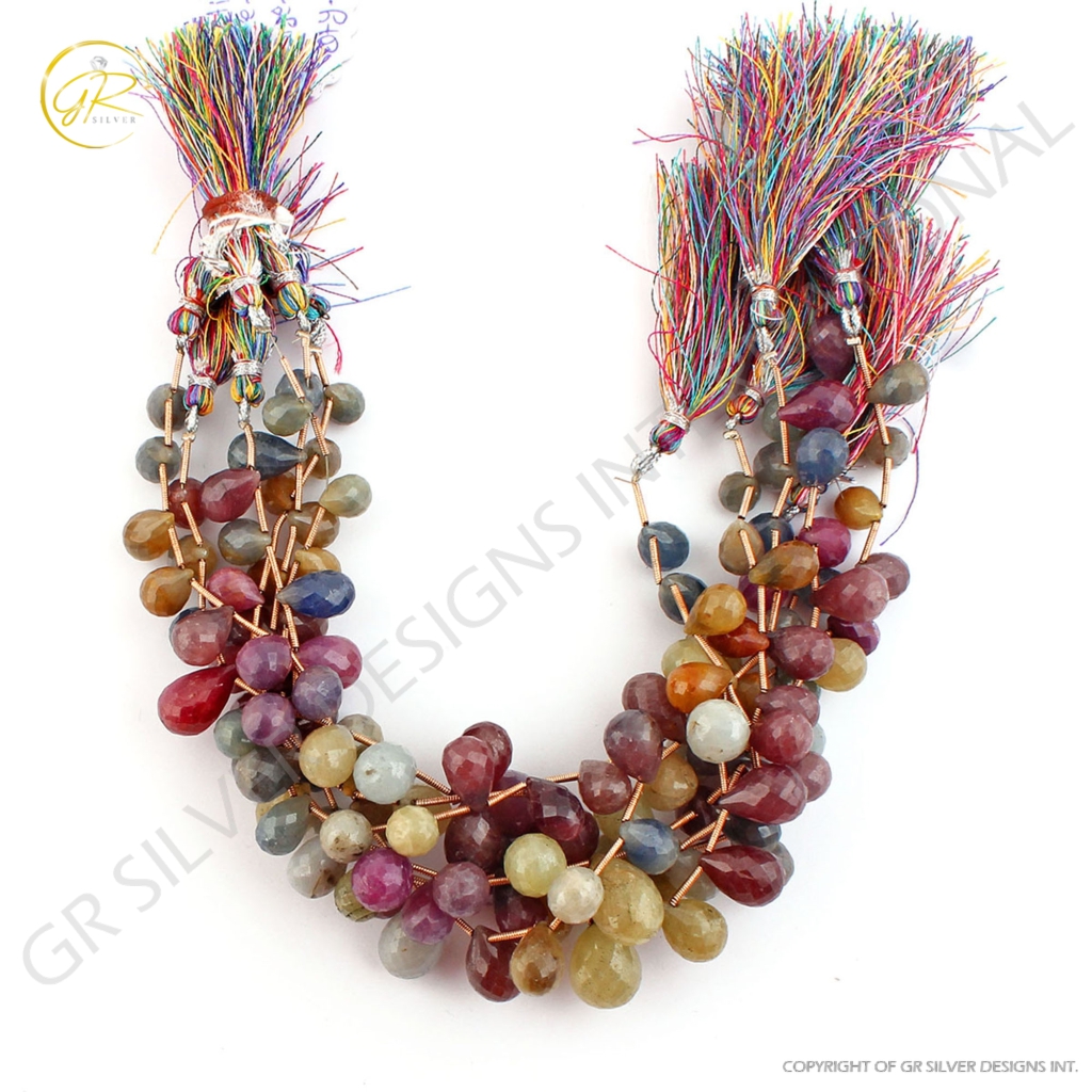 Multi Sapphire Handmade Drops Gemstone Beads 7 Strands 9 Inches