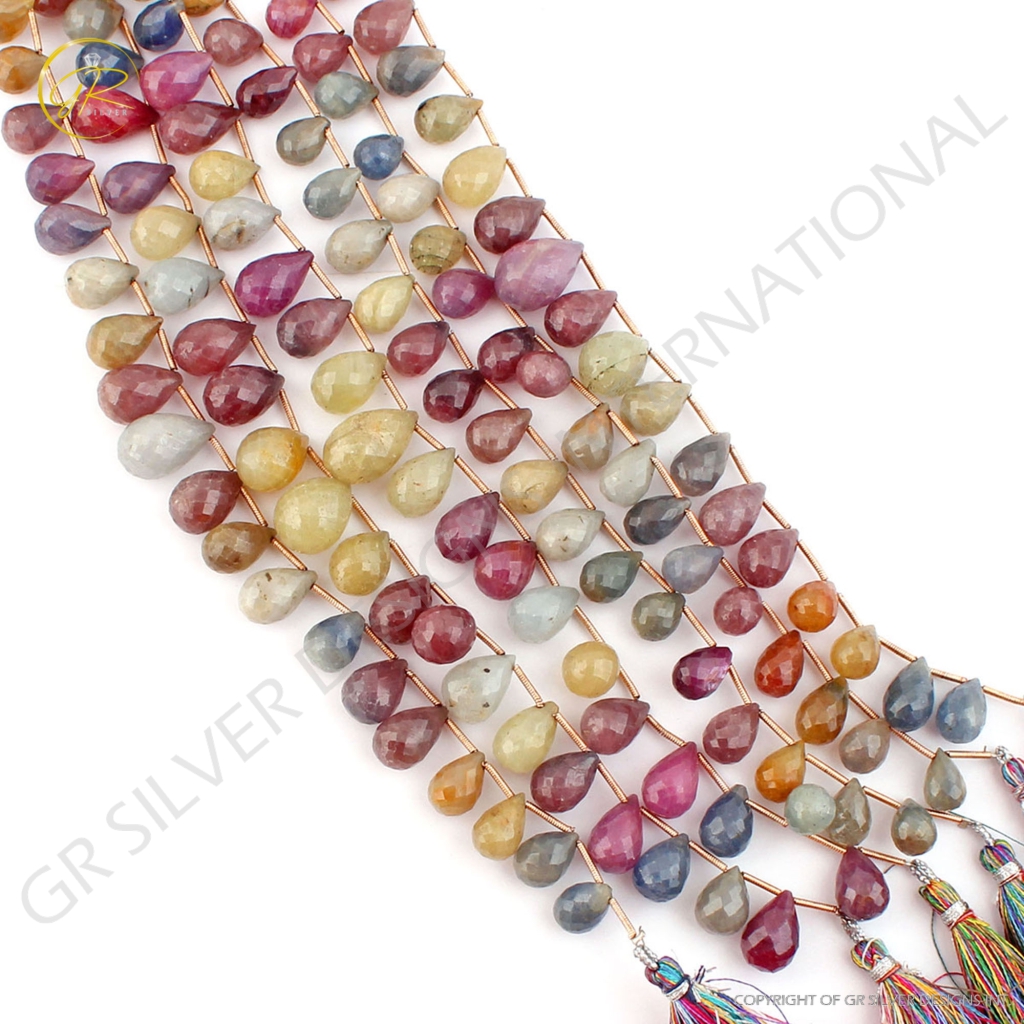 Multi Sapphire Handmade Drops Gemstone Beads 7 Strands 9 Inches