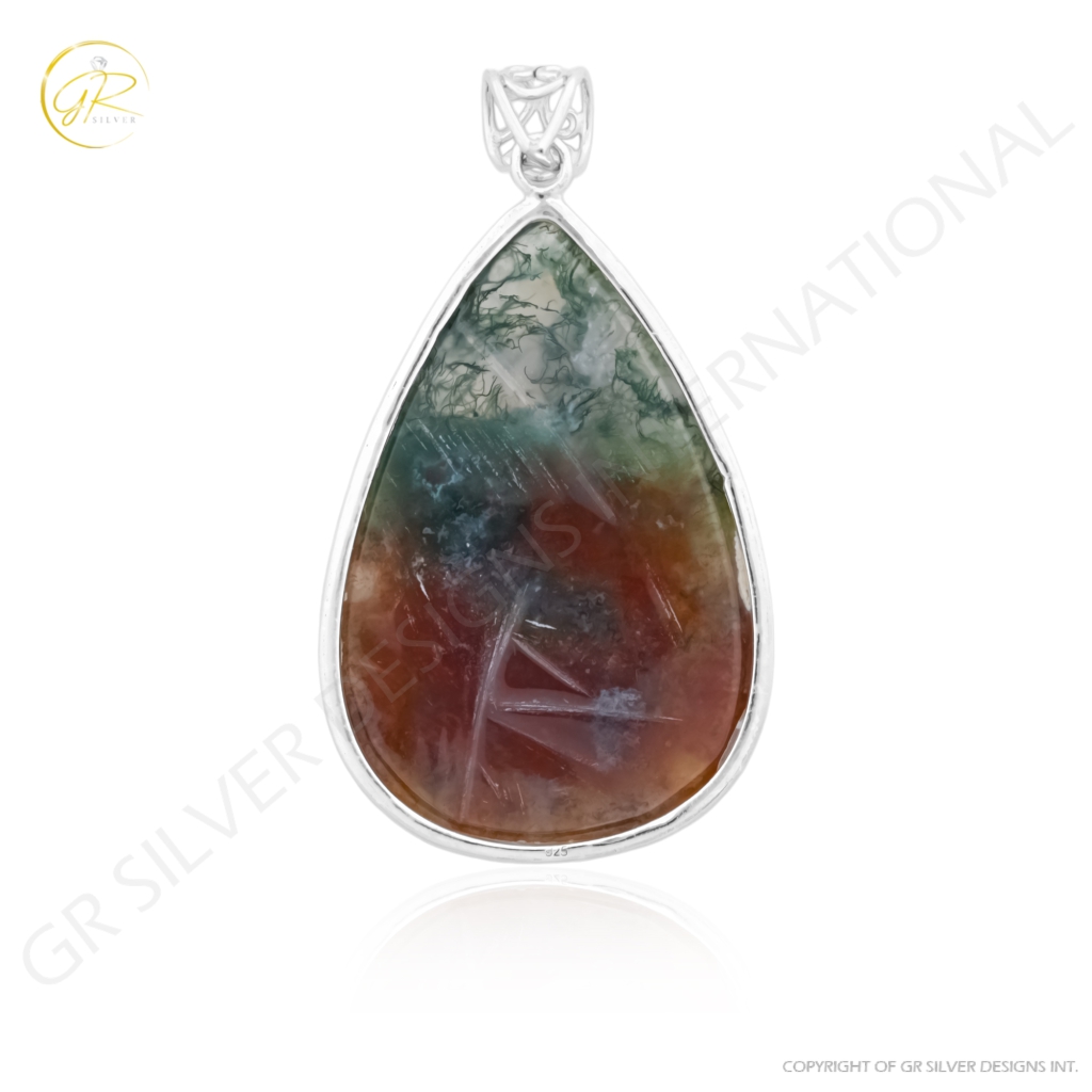 Natural Moss Agate Cabochon Sterling Silver Pendant Jewelry