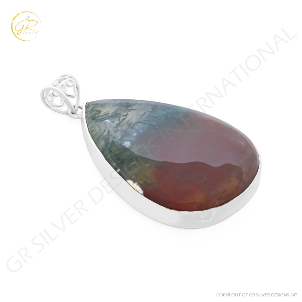 Natural Moss Agate Cabochon Sterling Silver Pendant Jewelry