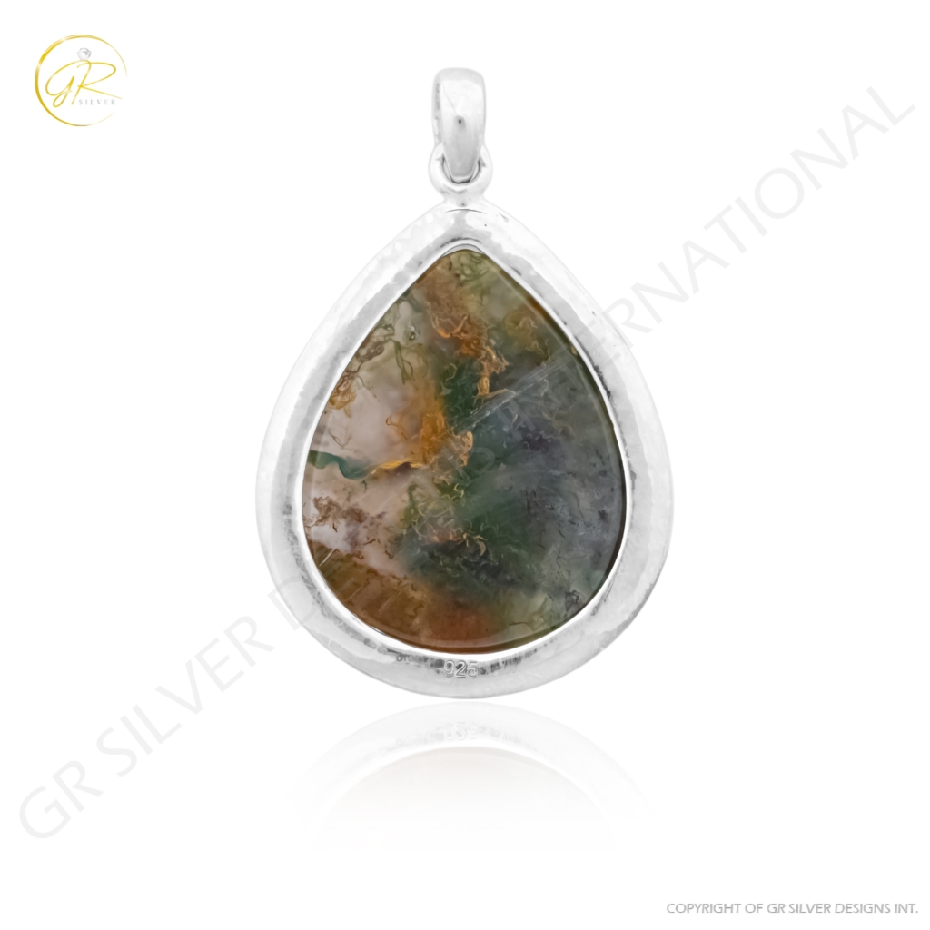 Natural Moss Agate Gemstone Sterling Silver Pendant Necklace