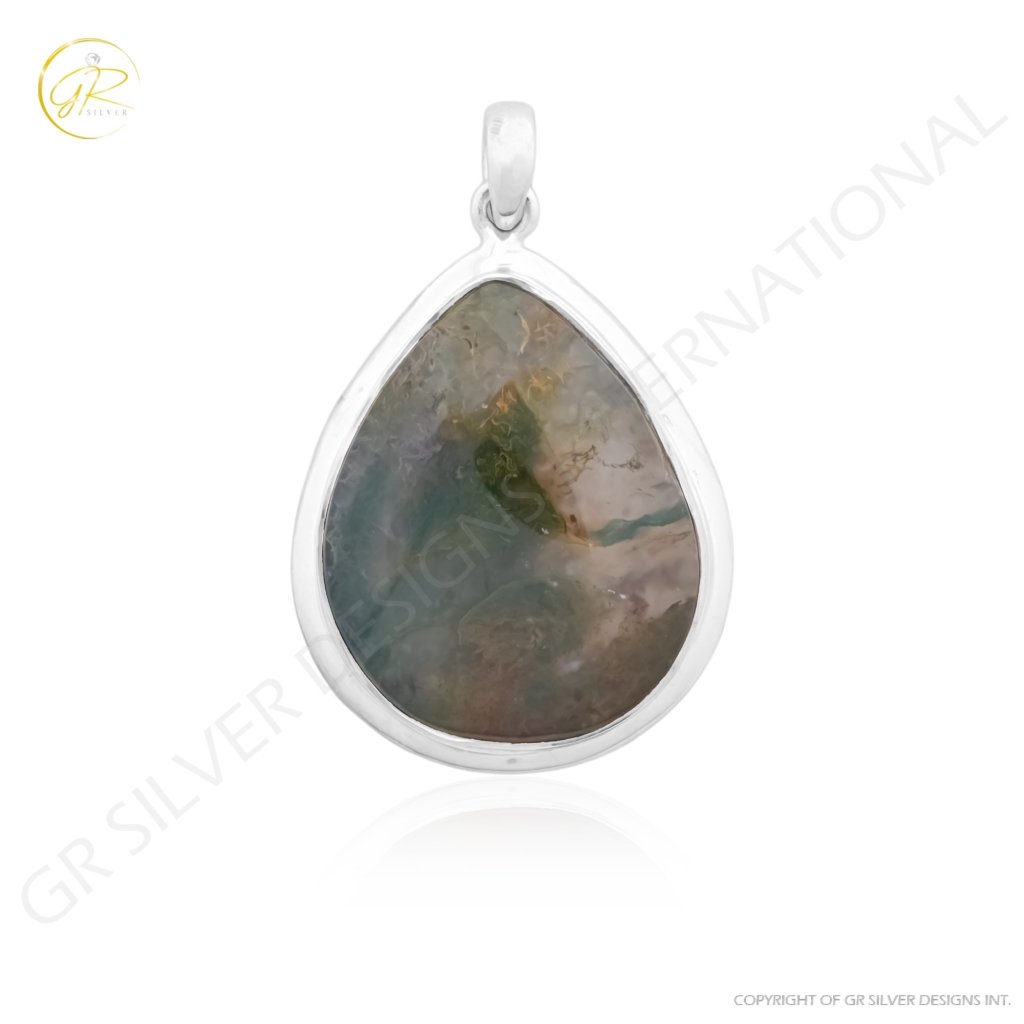 Natural Moss Agate Gemstone Sterling Silver Pendant Necklace