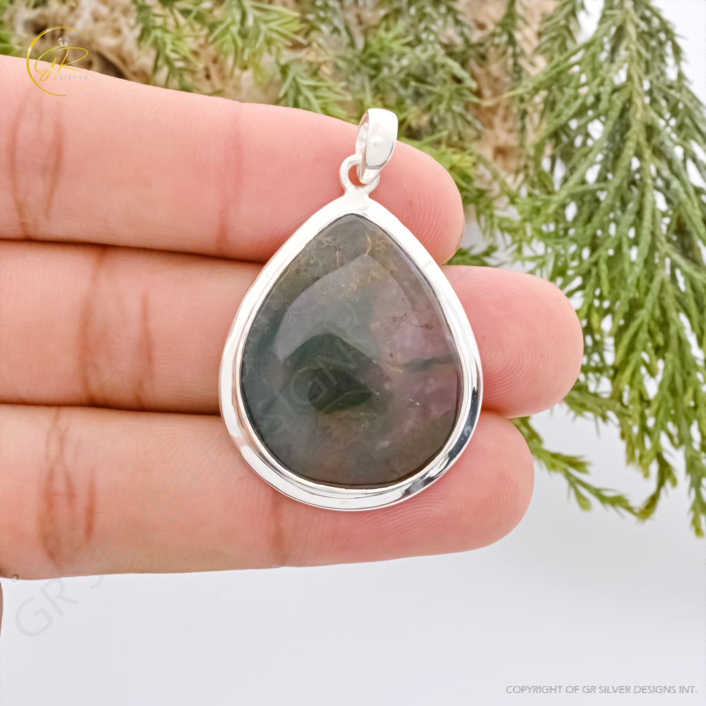 Natural Moss Agate Gemstone Sterling Silver Pendant Necklace