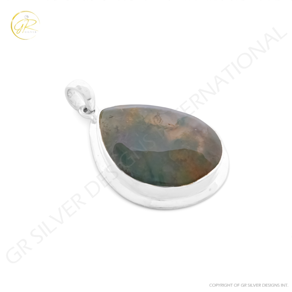 Natural Moss Agate Gemstone Sterling Silver Pendant Necklace