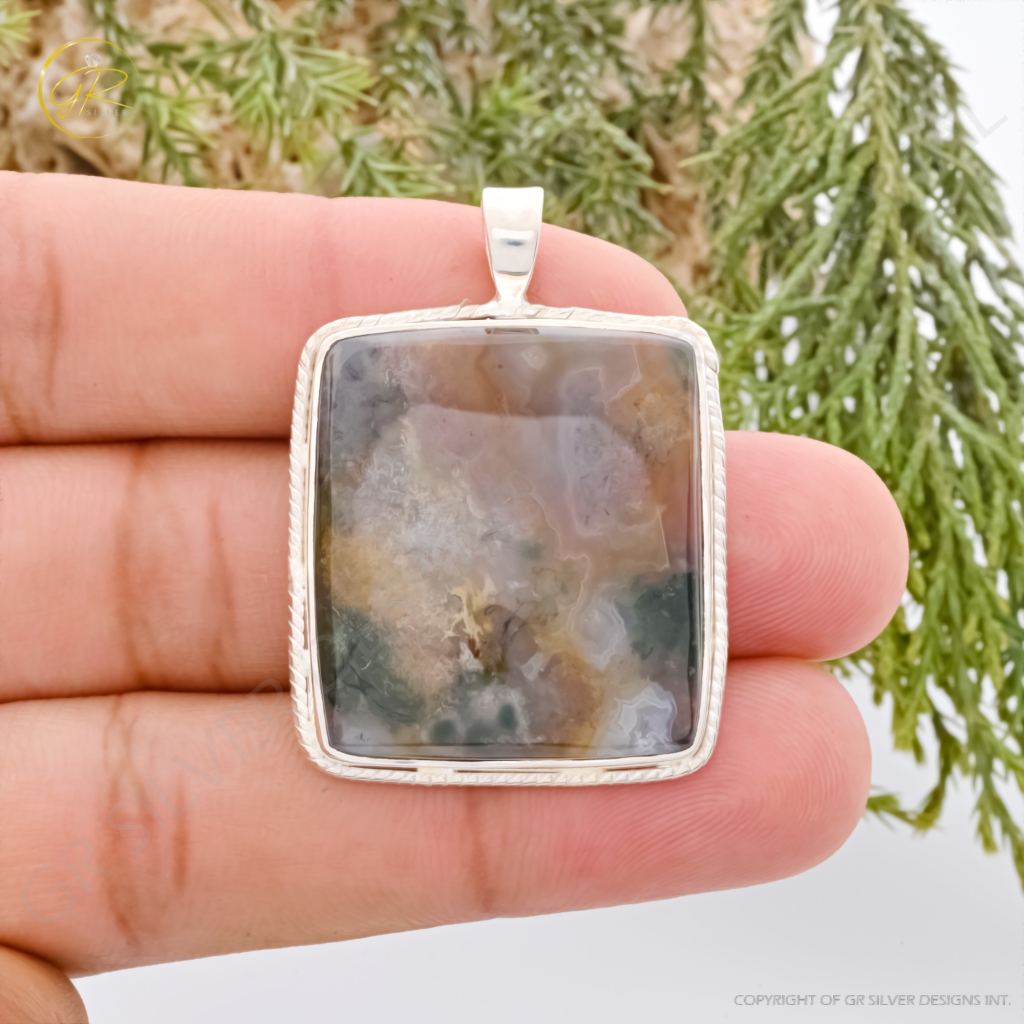 Natural Moss Agate Square Gemstone Sterling Silver Pendant Necklace