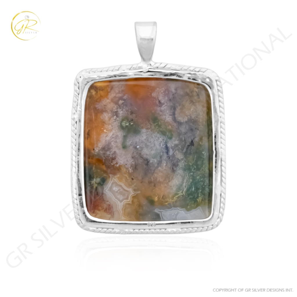 Natural Moss Agate Square Gemstone Sterling Silver Pendant Necklace