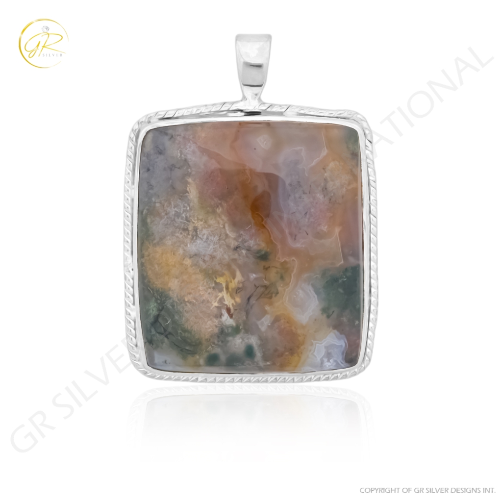 Natural Moss Agate Square Gemstone Sterling Silver Pendant Necklace