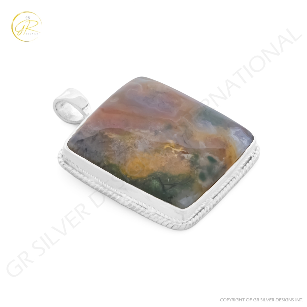 Natural Moss Agate Square Gemstone Sterling Silver Pendant Necklace