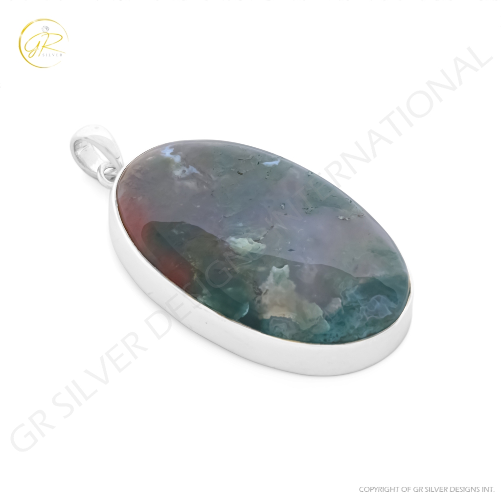 Natural Moss Agate Gemstone Sterling Silver Pendant Necklace Jewelry