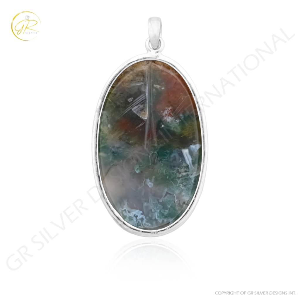 Natural Moss Agate Gemstone Sterling Silver Pendant Necklace Jewelry