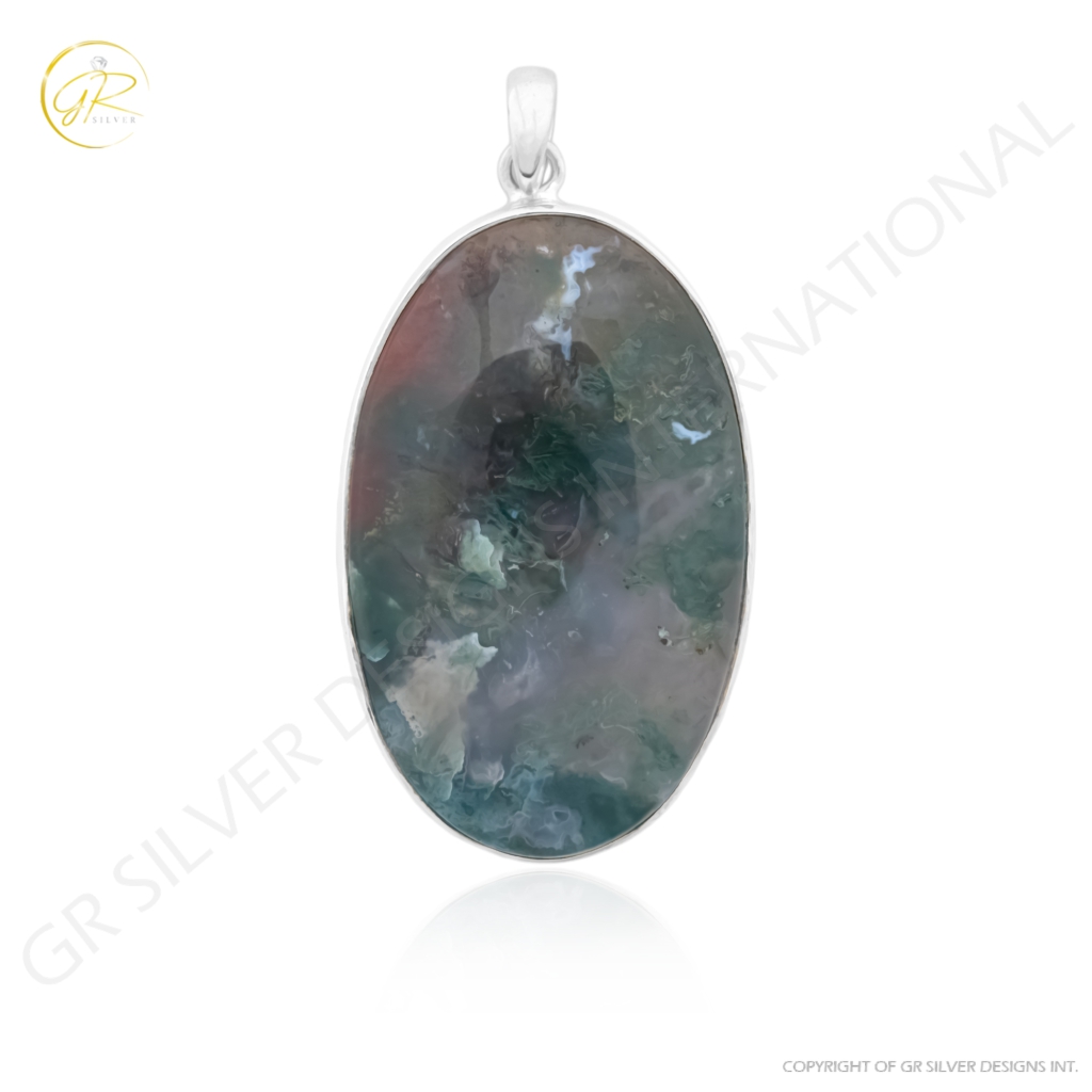 Natural Moss Agate Gemstone Sterling Silver Pendant Necklace Jewelry